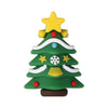 A green silicone bead shaped like a Christmas tree decorated with yellow star, white snowflakes, and red ornaments.