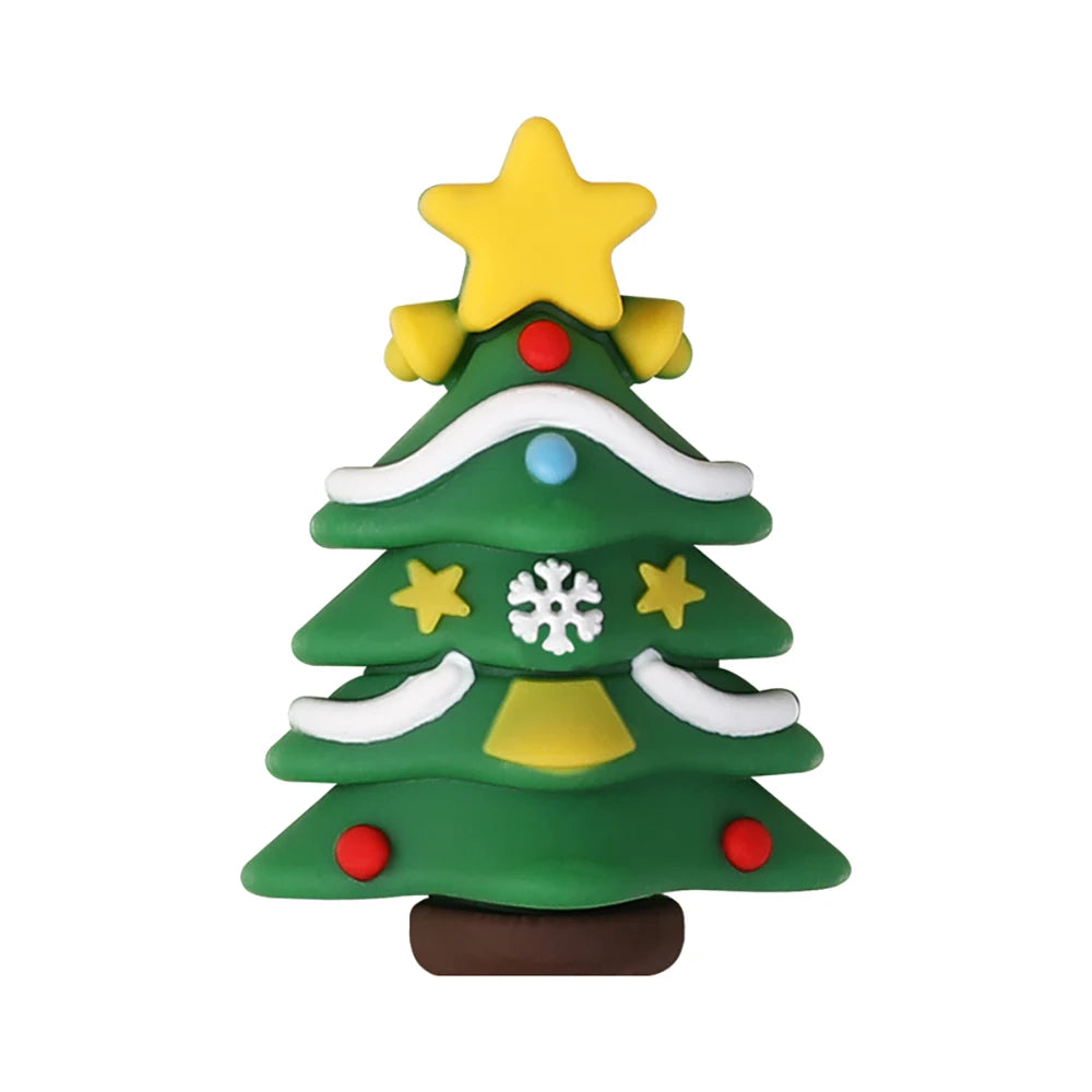 A green silicone bead shaped like a Christmas tree decorated with yellow star, white snowflakes, and red ornaments.