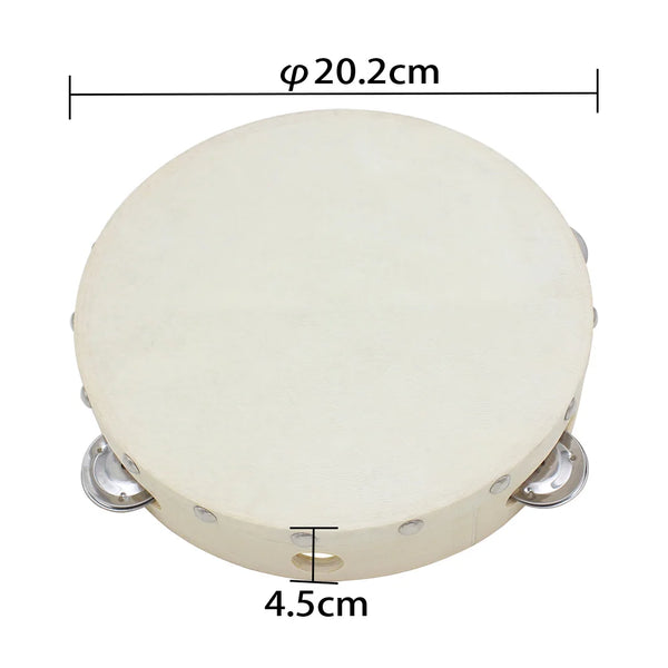 A round wooden tambourine with steel jingles, measuring 20.2cm in diameter and 4.5cm in height.