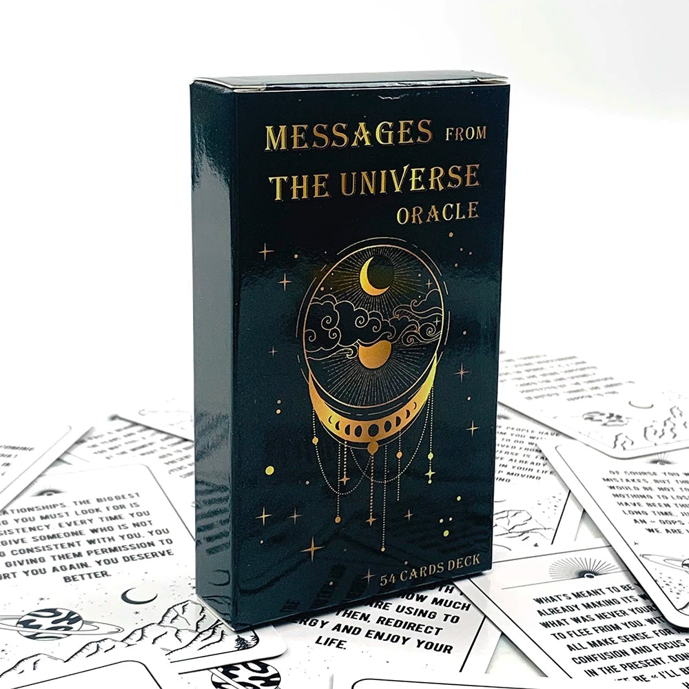 A black box of Messages From The Universe Oracle Cards featuring a gold crescent moon design on the front