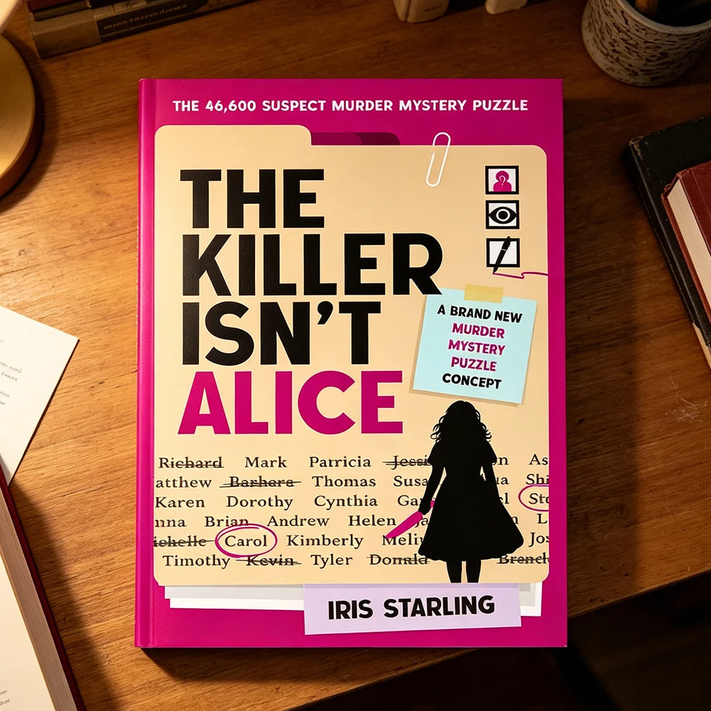 A book titled The Killer Isn't Alice featuring a pink cover and various puzzle elements is displayed on a wooden table.