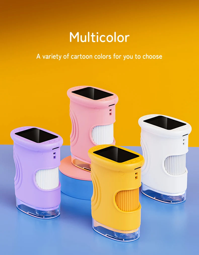 A collection of colorful portable digital microscopes for kids in various shades including pink, purple, yellow, and white.