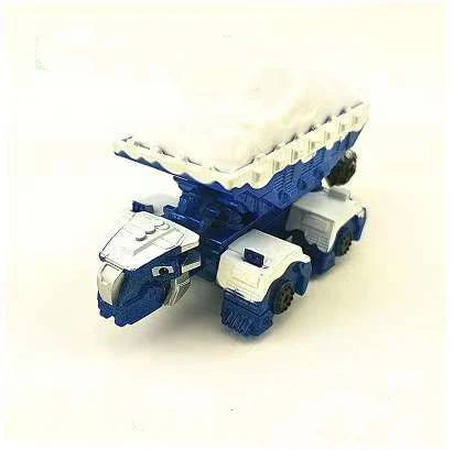A blue die-cast dinosaur truck toy with a removable figure and white foam detailing.