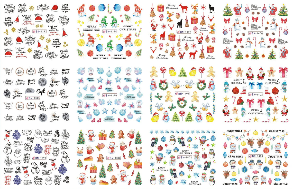 A collection of festive Christmas water transfer nail art stickers featuring various holiday designs and seasonal themes.