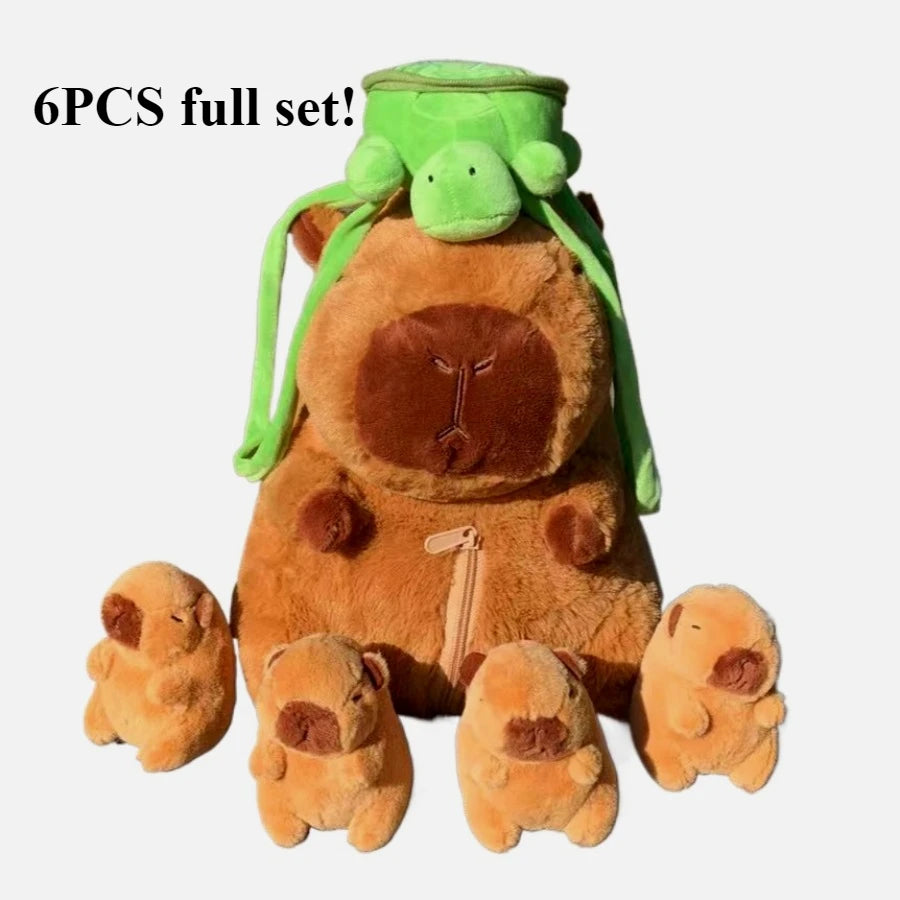 A set of six plush toys featuring a mother capybara and four baby capybaras.