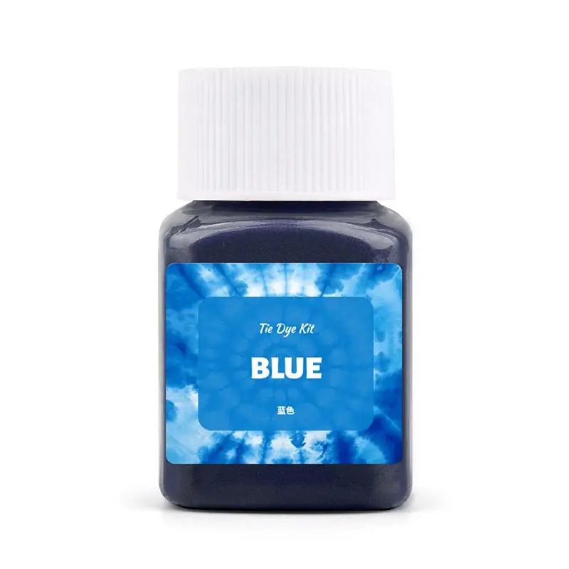A dark blue textile fabric dye kit in a glass bottle with a white cap.