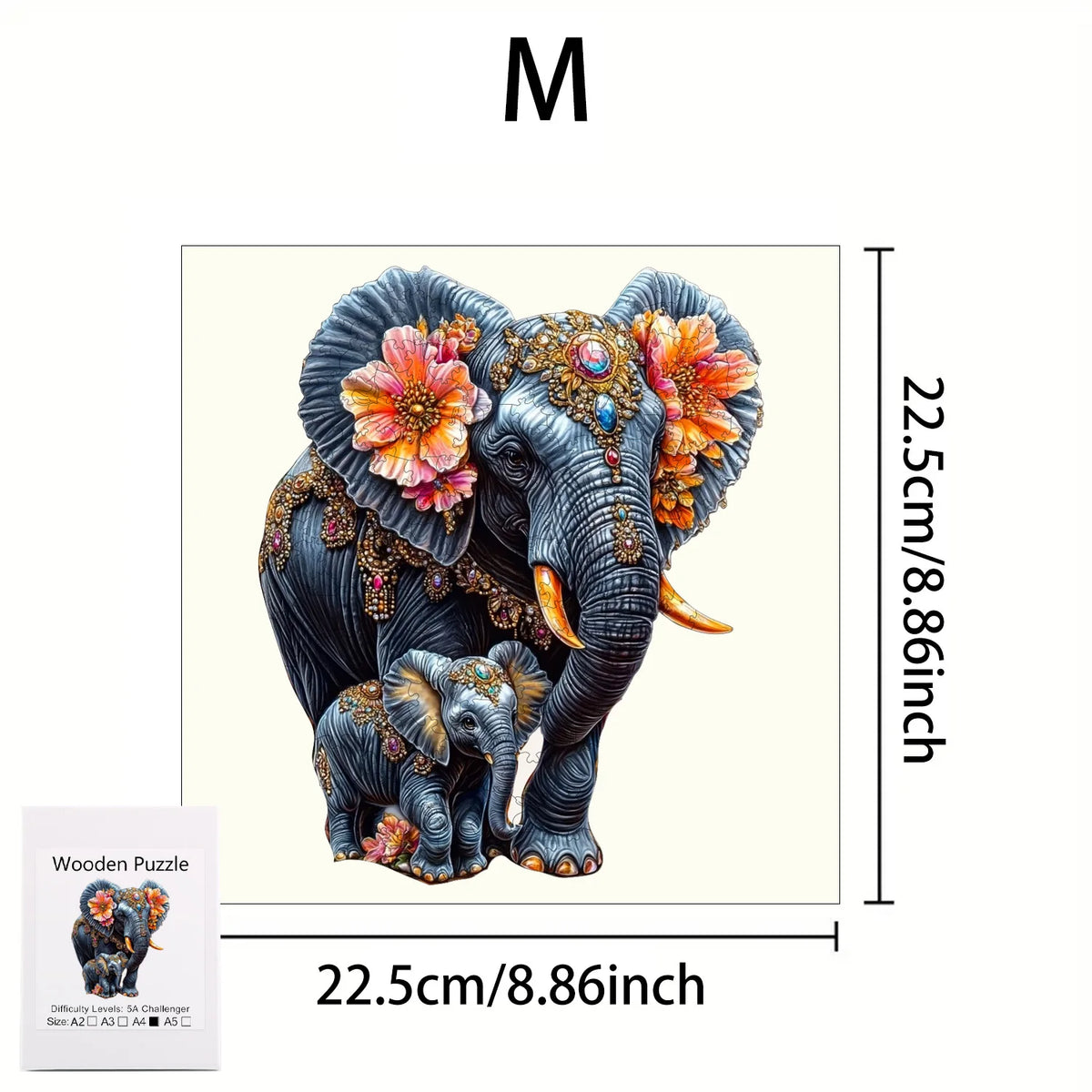 A wooden jigsaw puzzle of an elephant with colorful floral decorations.