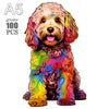 A colorful, textured wooden jigsaw puzzle featuring a puppy dog design.