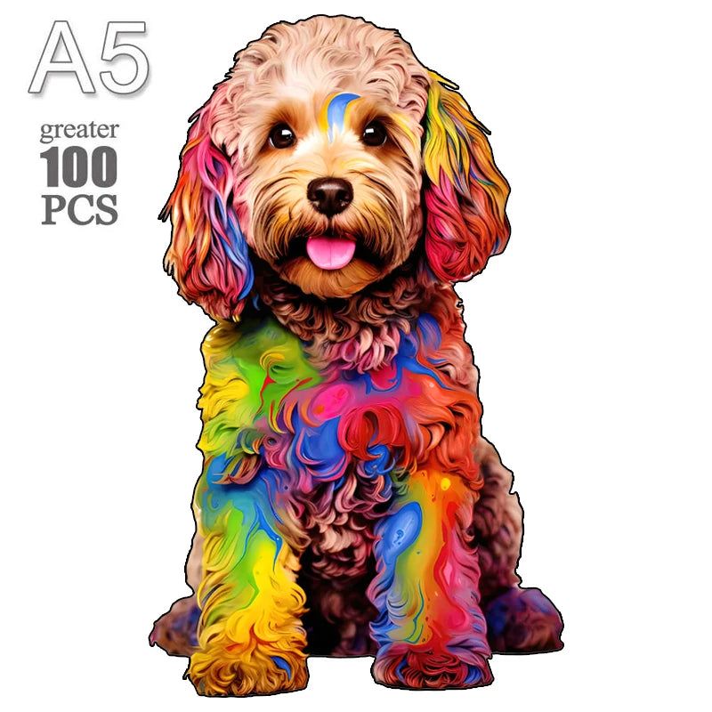 A colorful, textured wooden jigsaw puzzle featuring a puppy dog design.