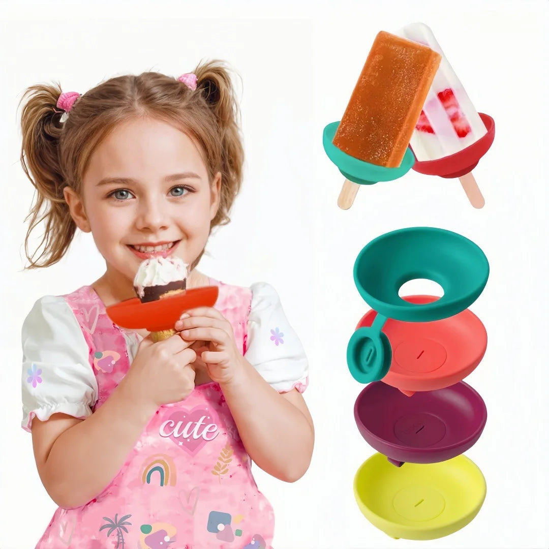 A smiling girl holds an orange drip-proof silicone popsicle holder for kids with various colored silicone popsicles.