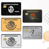 A set of four Mexican Express card skin stickers featuring various designs and portraits on a black background.