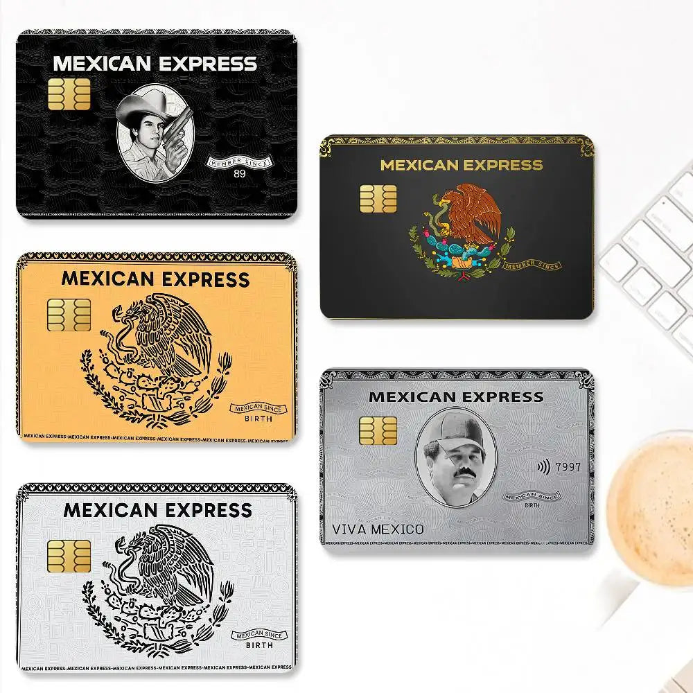 A set of four Mexican Express card skin stickers featuring various designs and portraits on a black background.