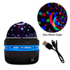 A black projector emits a star and moon pattern onto a surface, with an accompanying circular image of a starry night moon.
