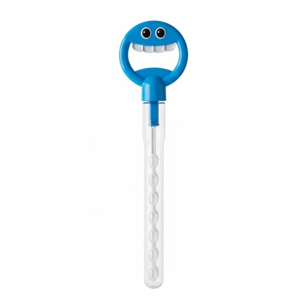 Blue bubble wand with a smiling face design and a clear handle for kids