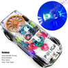 A transparent police car toy featuring rotating gears, lights, and music.