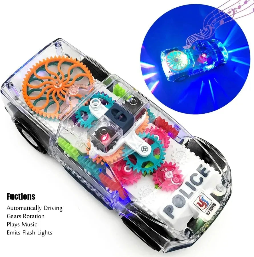 A transparent police car toy featuring rotating gears, lights, and music.