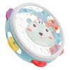 A baby musical instrument set featuring a hand drum and shake rattle with various colorful components.