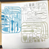 A collection of clear plastic magnetic tools and components for building action figures displayed on a white background.