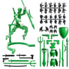A green magnetic multi-jointed action figure building set with various accessories and a display stand.