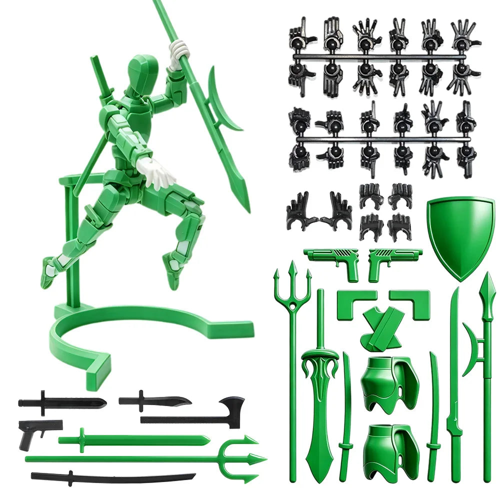A green magnetic multi-jointed action figure building set with various accessories and a display stand.
