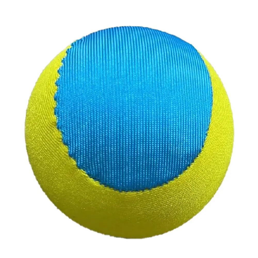 A bright yellow and blue water bouncing ball with a textured surface.