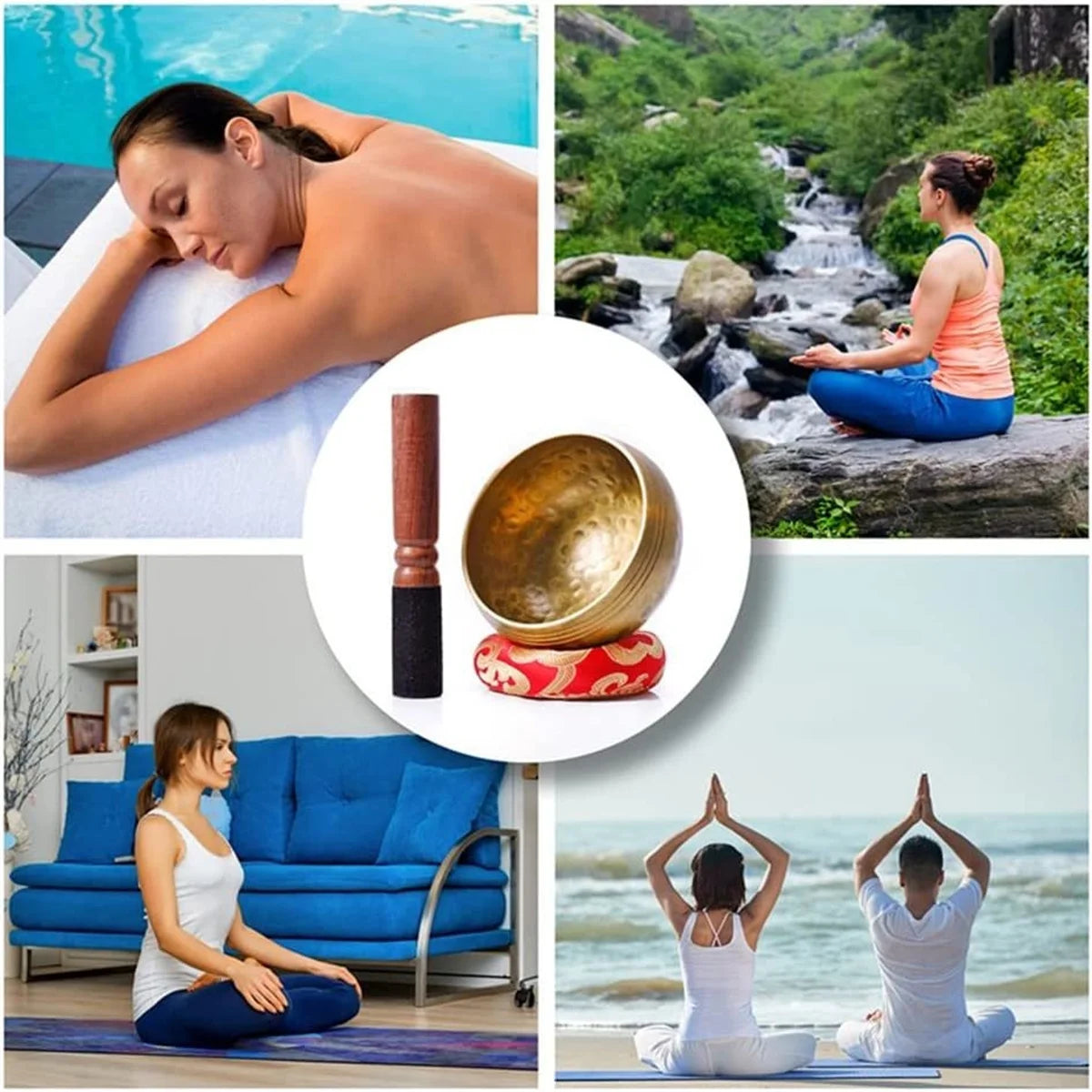 A handcrafted Tibetan singing bowl with a silk cushion and mallet is shown alongside a woman meditating by the sea.