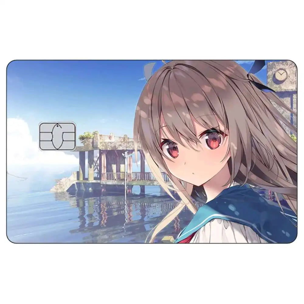 Anime girl with long brown hair looking forward against a blue sky and water background.