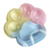 A set of five squishy toy cat paw shapes in pastel colors pink, yellow, and blue.
