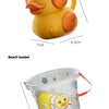 A yellow rubber duck toy is shown next to a clear plastic bucket featuring the same duck design.