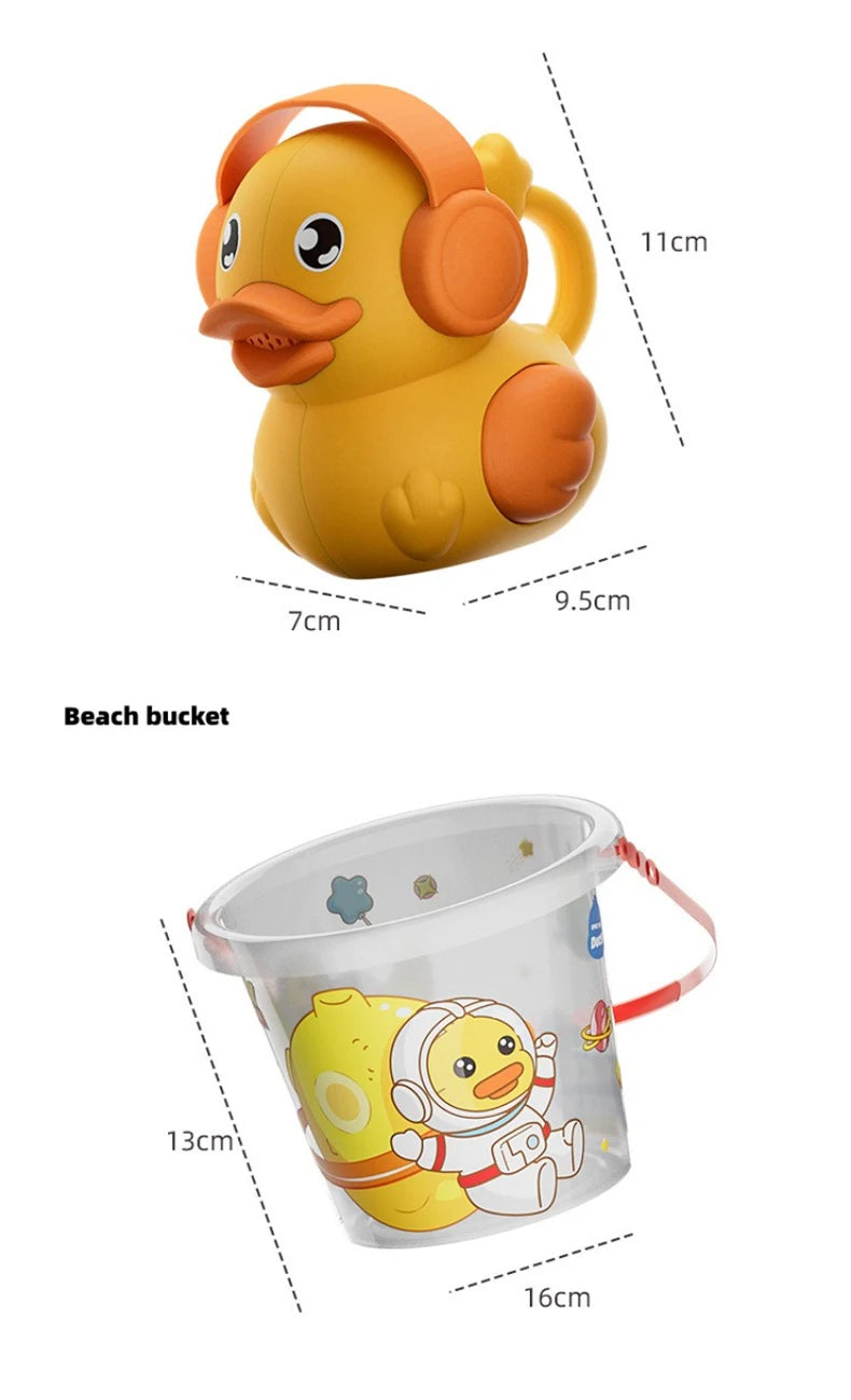 A yellow rubber duck toy is shown next to a clear plastic bucket featuring the same duck design.