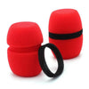 A set of red foam microphone windscreen covers with black bands.