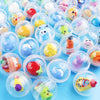 A collection of clear plastic capsule toys filled with mixed animal and cartoon figures for party favors