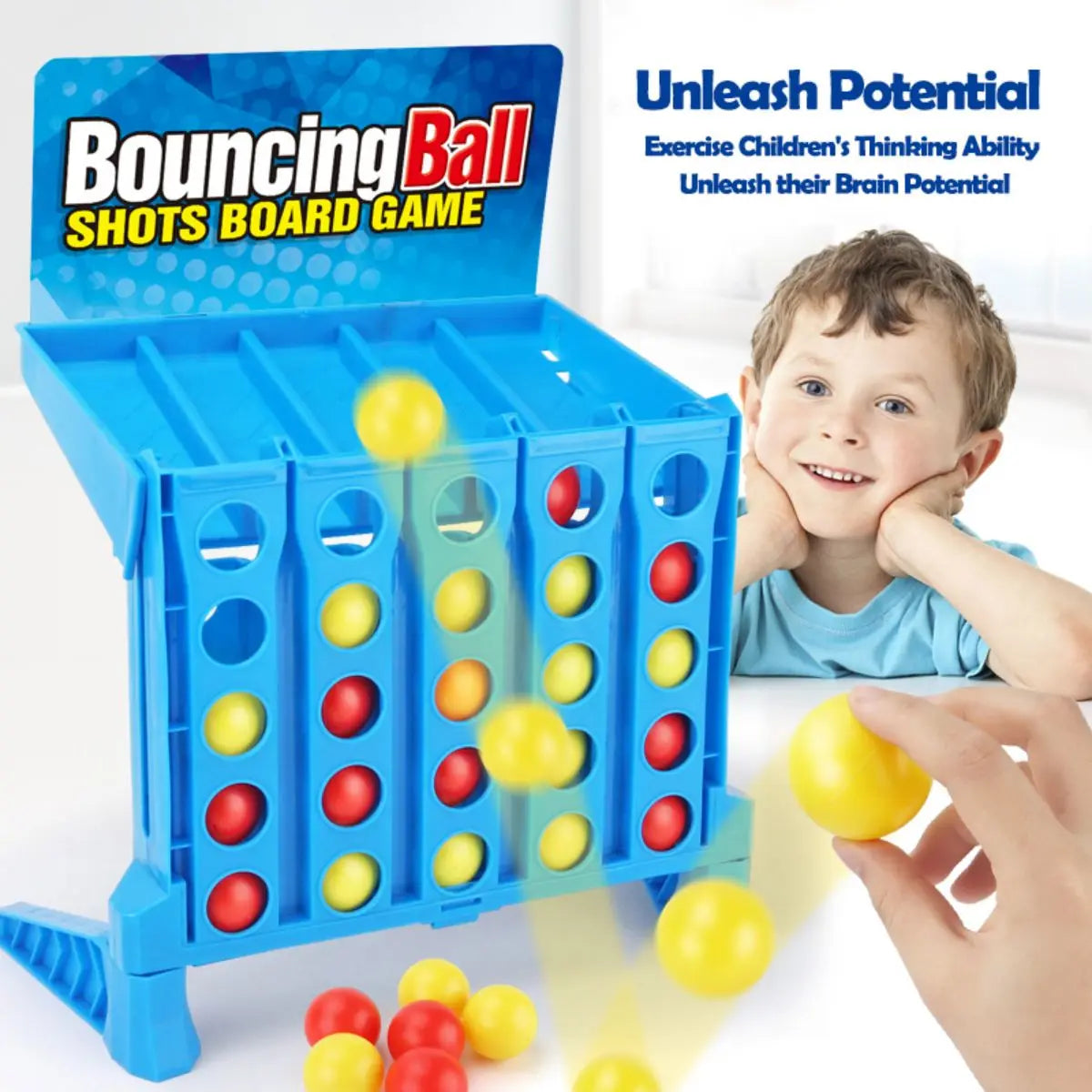A blue bouncing ball shots board game with colored balls and a child playing with yellow balls.
