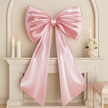 A large pink satin bow decoration displayed on a white mantelpiece.