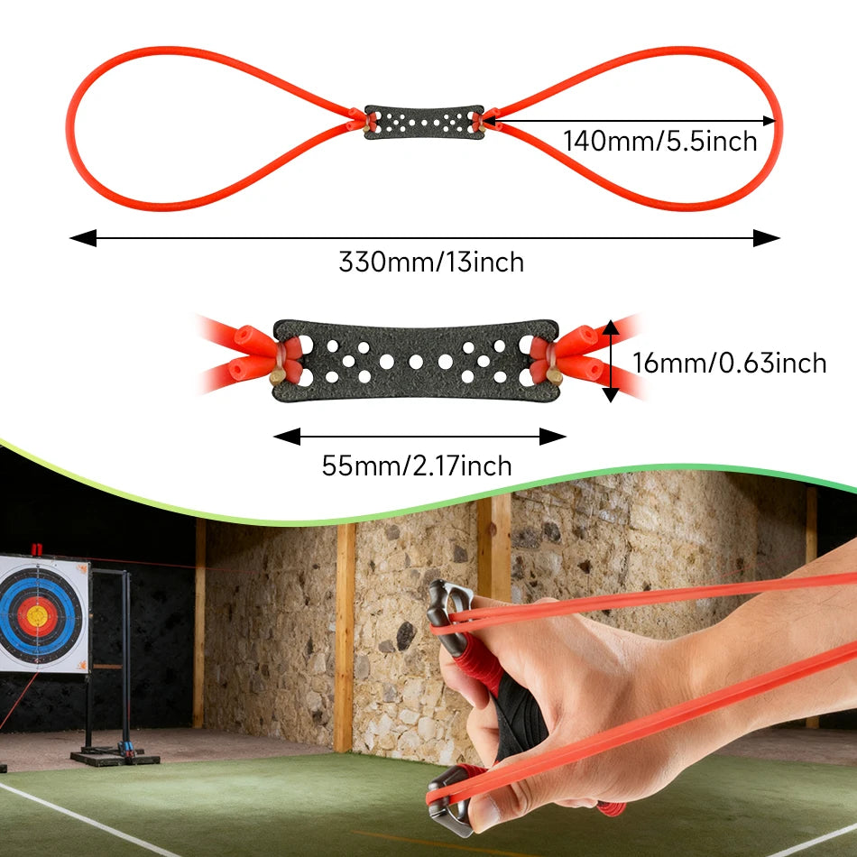 A hand is using a red rubber slingshot with black and orange rubber bands to shoot at a target.