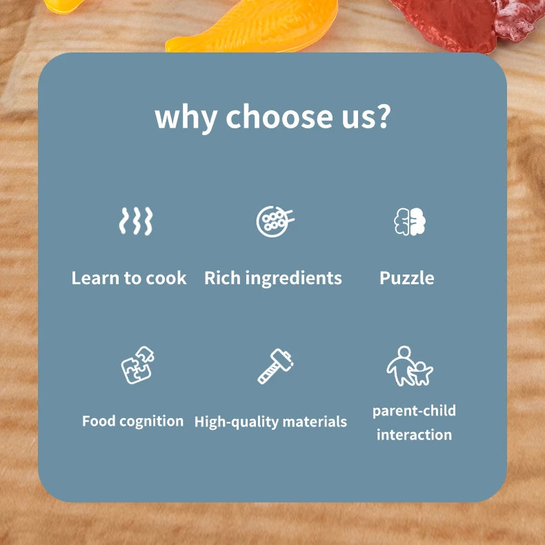 A graphic listing features of a product including learn to cook, rich ingredients, puzzle, food cognition, high-quality mater