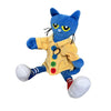 A blue cartoon cat plush toy with yellow clothing and white shoes.