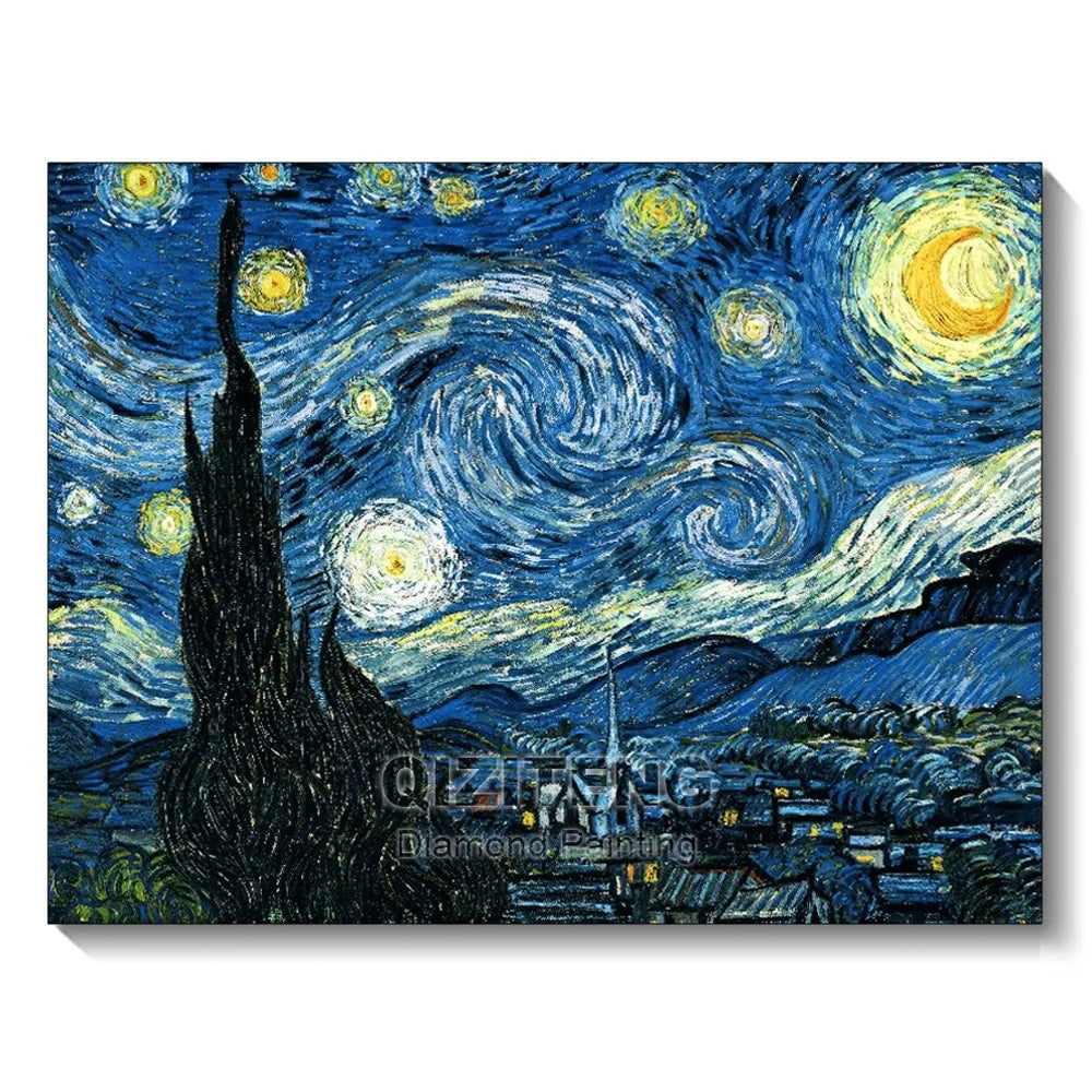 A diamond painting depicting Van Gogh's Starry Night with swirling blue and yellow stars over a dark landscape.