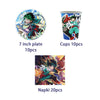 A set of hero-themed birthday party decorations including a 7 inch plate, cups, and napkins featuring an anime character.