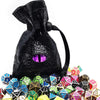 A black PU leather drawstring dice bag filled with various colored dice.