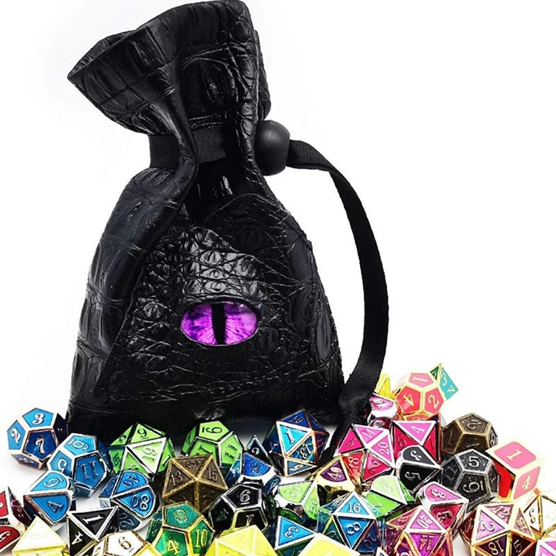 A black PU leather drawstring dice bag filled with various colored dice.