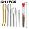 A set of 11 stainless steel sewing needles stored in a clear tube with an orange cap.