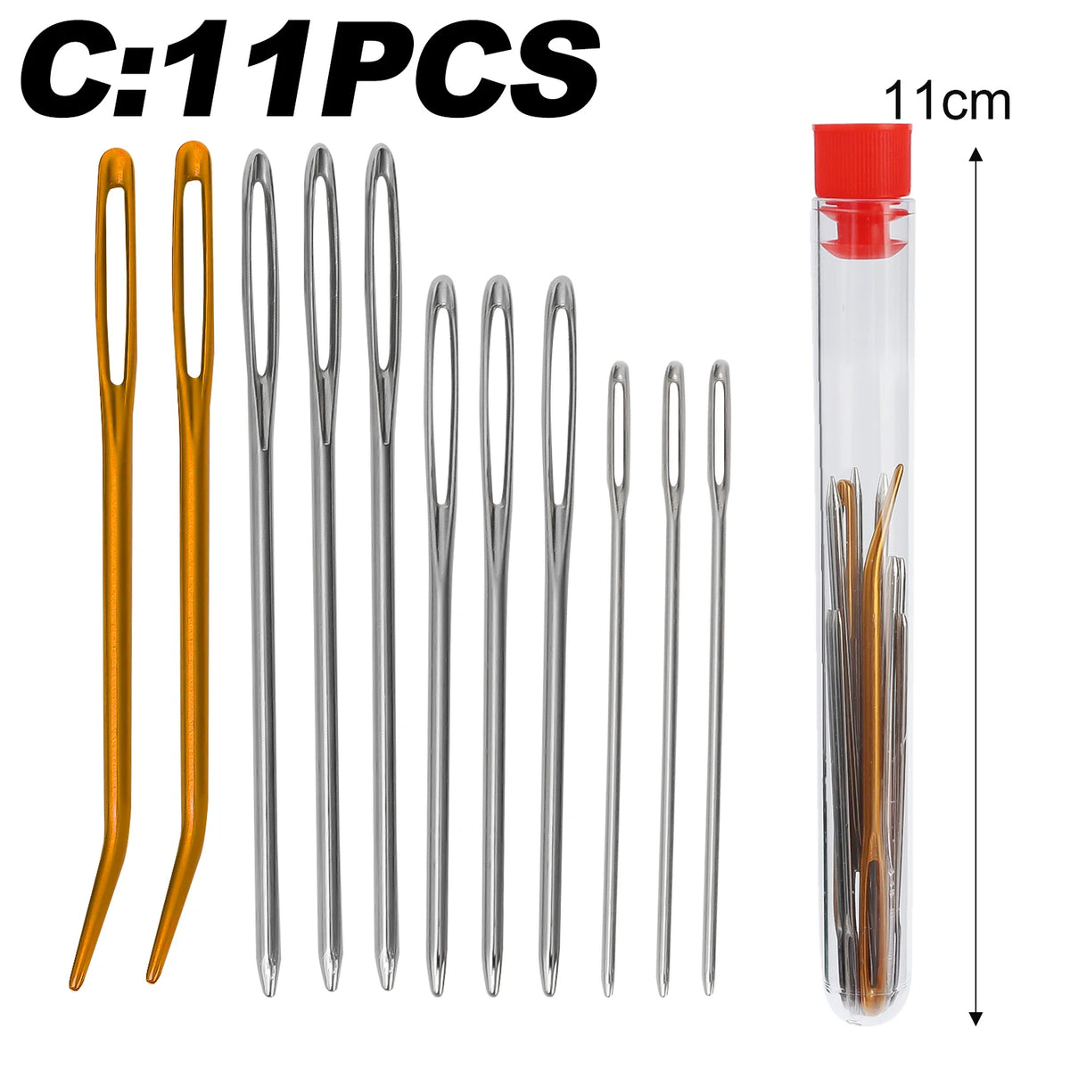 A set of 11 stainless steel sewing needles stored in a clear tube with an orange cap.