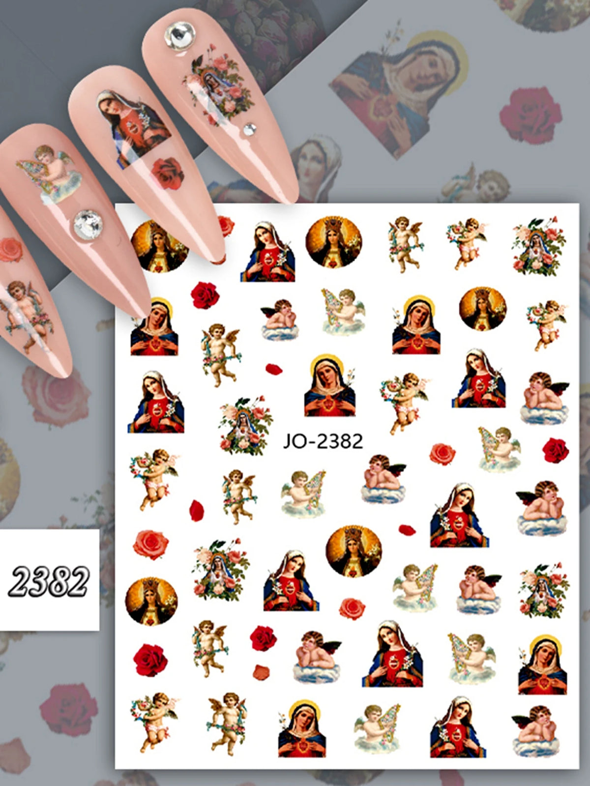 A collection of vintage angel and saint nail art stickers featuring cherubs, crosses, and religious figures.