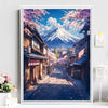 A painting of Mount Fuji and cherry blossoms in a traditional Japanese street scene.