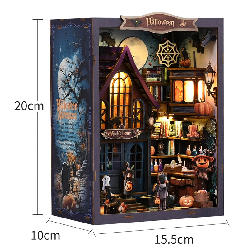A wooden miniature dollhouse kit featuring a witch's house scene with detailed furniture and LED lighting.