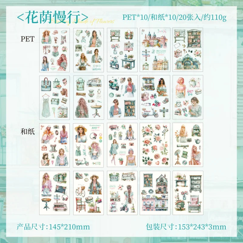A product image showing two sets of stickers, PET and Silk, featuring vintage lifestyle scenes and elegant female designs.