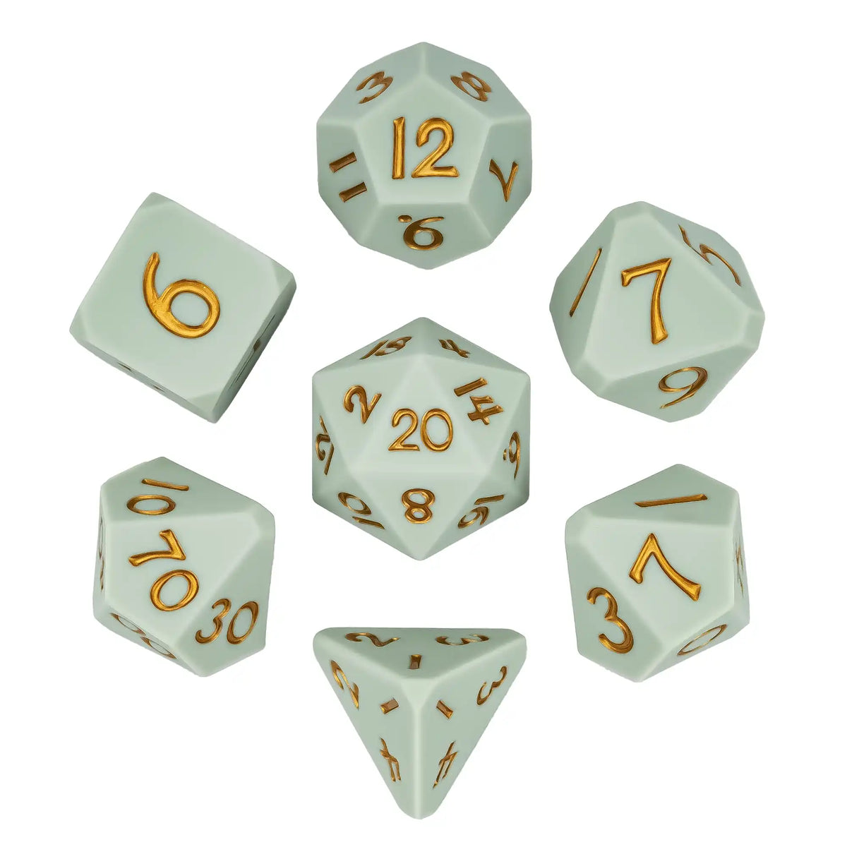 A set of silicone polyhedral dice, including a d6, d8, d10, d12, and d20, displayed on a white background.