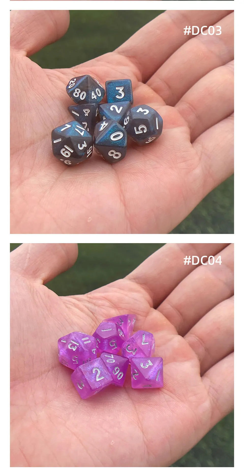 A hand holds a set of seven iridescent acrylic polyhedral dice in various colors and sizes.