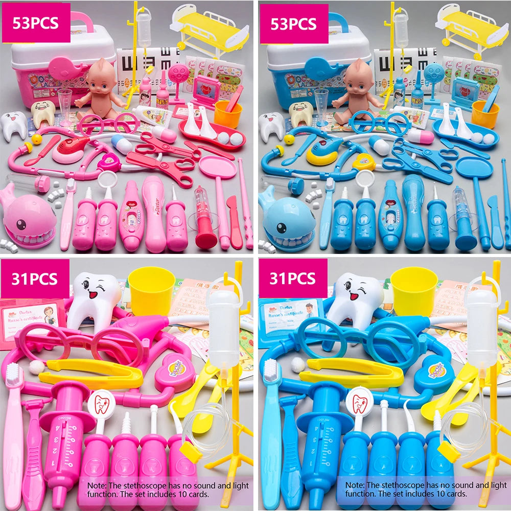 A set of kids doctor pretend play medical kits in various colors and sizes including stethoscopes and medical tools